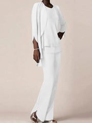 Chiffon Scoop Long Sleeves Floor-Length Mother of the Bride Pantsuits with Ruffles