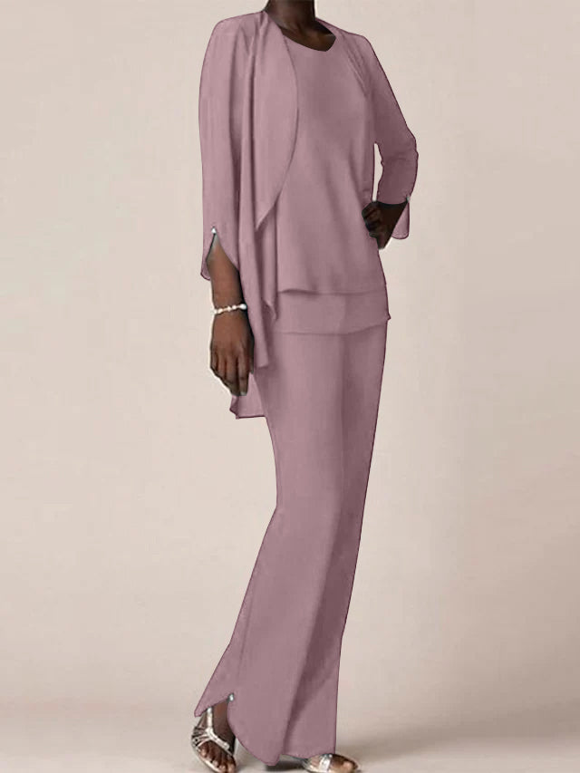 Chiffon Scoop Long Sleeves Floor Length Mother Of The Bride Pantsuits With Ruffles