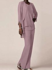 Chiffon Scoop Long Sleeves Floor Length Mother Of The Bride Pantsuits With Ruffles