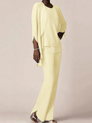 Chiffon Scoop Long Sleeves Floor Length Mother Of The Bride Pantsuits With Ruffles