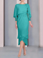 Sheath Column Scoop Short Sleeves Tea Length Mother Of The Bride Dresses With Appliques Lace