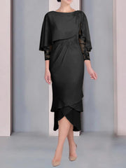 Sheath Column Scoop Short Sleeves Tea Length Mother Of The Bride Dresses With Appliques Lace