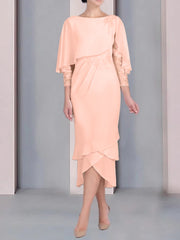 Sheath Column Scoop Short Sleeves Tea Length Mother Of The Bride Dresses With Appliques Lace