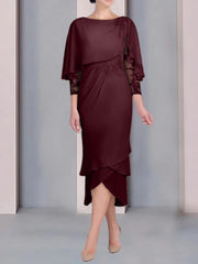 Sheath Column Scoop Short Sleeves Tea Length Mother Of The Bride Dresses With Appliques Lace
