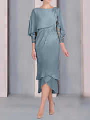 Sheath Column Scoop Short Sleeves Tea Length Mother Of The Bride Dresses With Appliques Lace