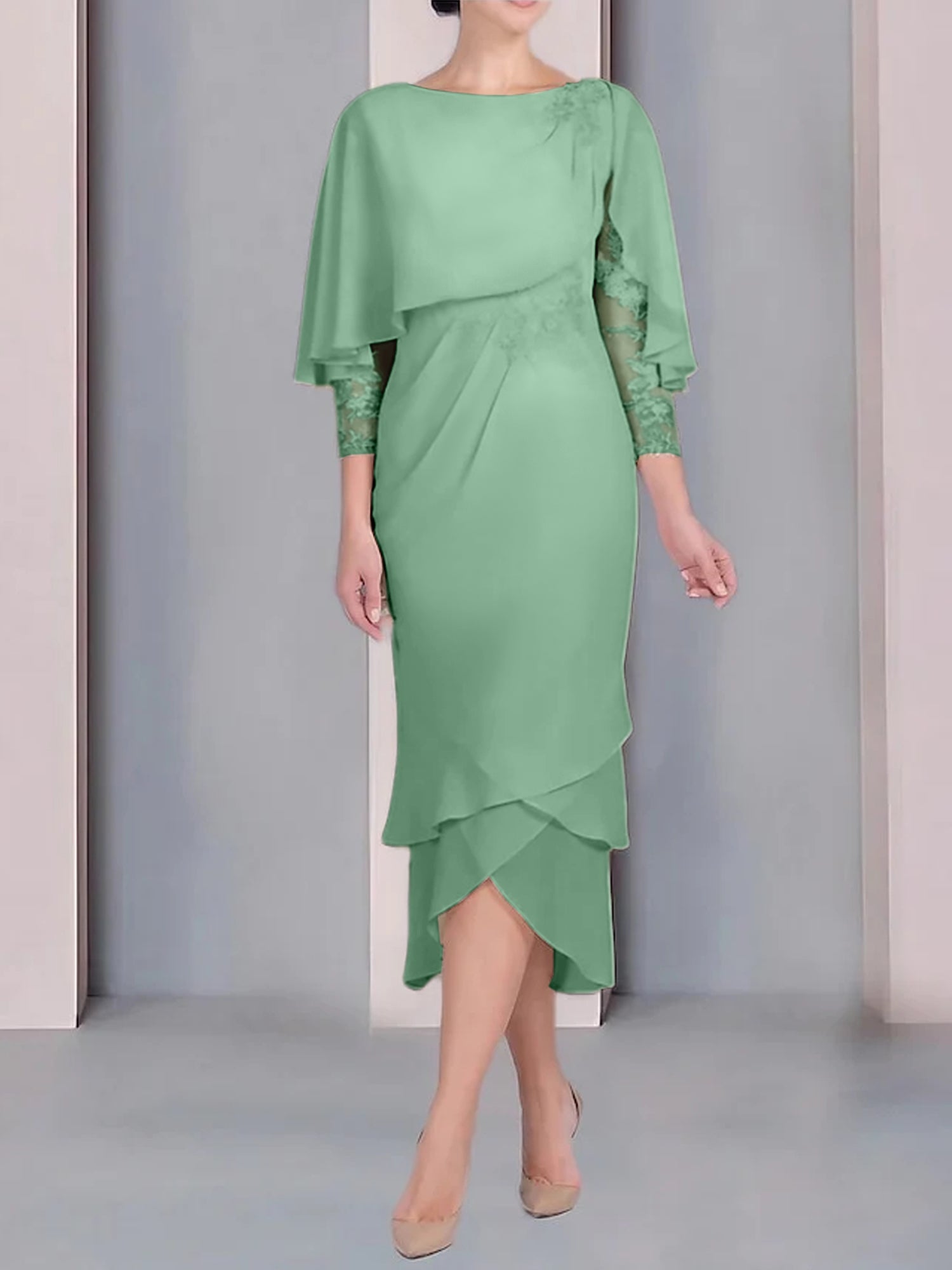 Sheath Column Scoop Short Sleeves Tea Length Mother Of The Bride Dresses With Appliques Lace