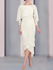 Sheath Column Scoop Short Sleeves Tea Length Mother Of The Bride Dresses With Appliques Lace