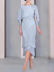Sheath Column Scoop Short Sleeves Tea Length Mother Of The Bride Dresses With Appliques Lace