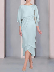 Sheath Column Scoop Short Sleeves Tea Length Mother Of The Bride Dresses With Appliques Lace
