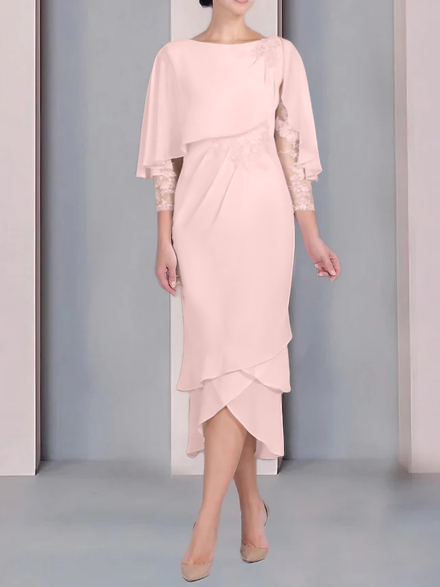 Sheath Column Scoop Short Sleeves Tea Length Mother Of The Bride Dresses With Appliques Lace