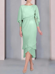 Sheath Column Scoop Short Sleeves Tea Length Mother Of The Bride Dresses With Appliques Lace