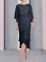 Sheath Column Scoop Short Sleeves Tea Length Mother Of The Bride Dresses With Appliques Lace