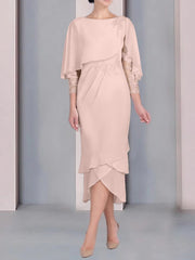 Sheath Column Scoop Short Sleeves Tea Length Mother Of The Bride Dresses With Appliques Lace