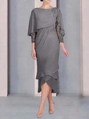 Sheath Column Scoop Short Sleeves Tea Length Mother Of The Bride Dresses With Appliques Lace