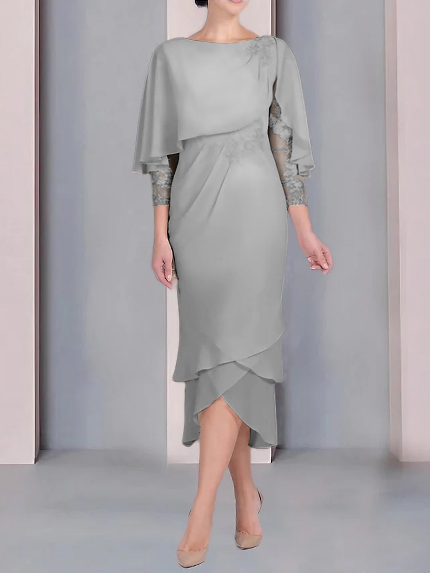 Sheath Column Scoop Short Sleeves Tea Length Mother Of The Bride Dresses With Appliques Lace