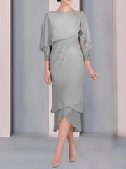 Sheath Column Scoop Short Sleeves Tea Length Mother Of The Bride Dresses With Appliques Lace
