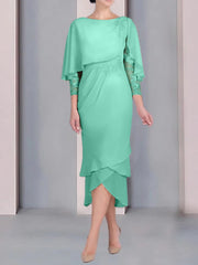 Sheath Column Scoop Short Sleeves Tea Length Mother Of The Bride Dresses With Appliques Lace