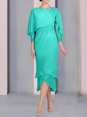Sheath Column Scoop Short Sleeves Tea Length Mother Of The Bride Dresses With Appliques Lace