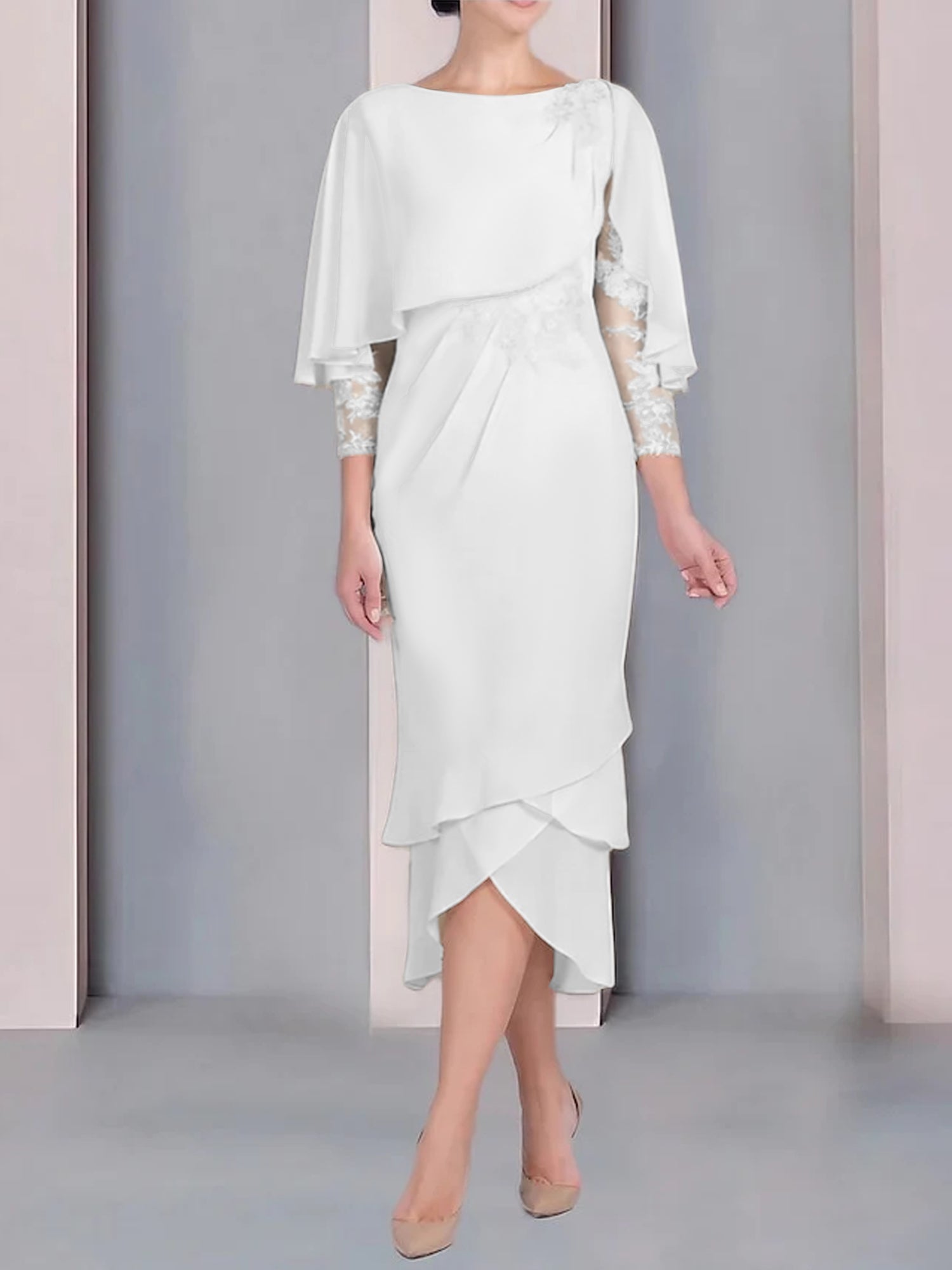 Sheath Column Scoop Short Sleeves Tea Length Mother Of The Bride Dresses With Appliques Lace