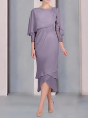 Sheath Column Scoop Short Sleeves Tea Length Mother Of The Bride Dresses With Appliques Lace
