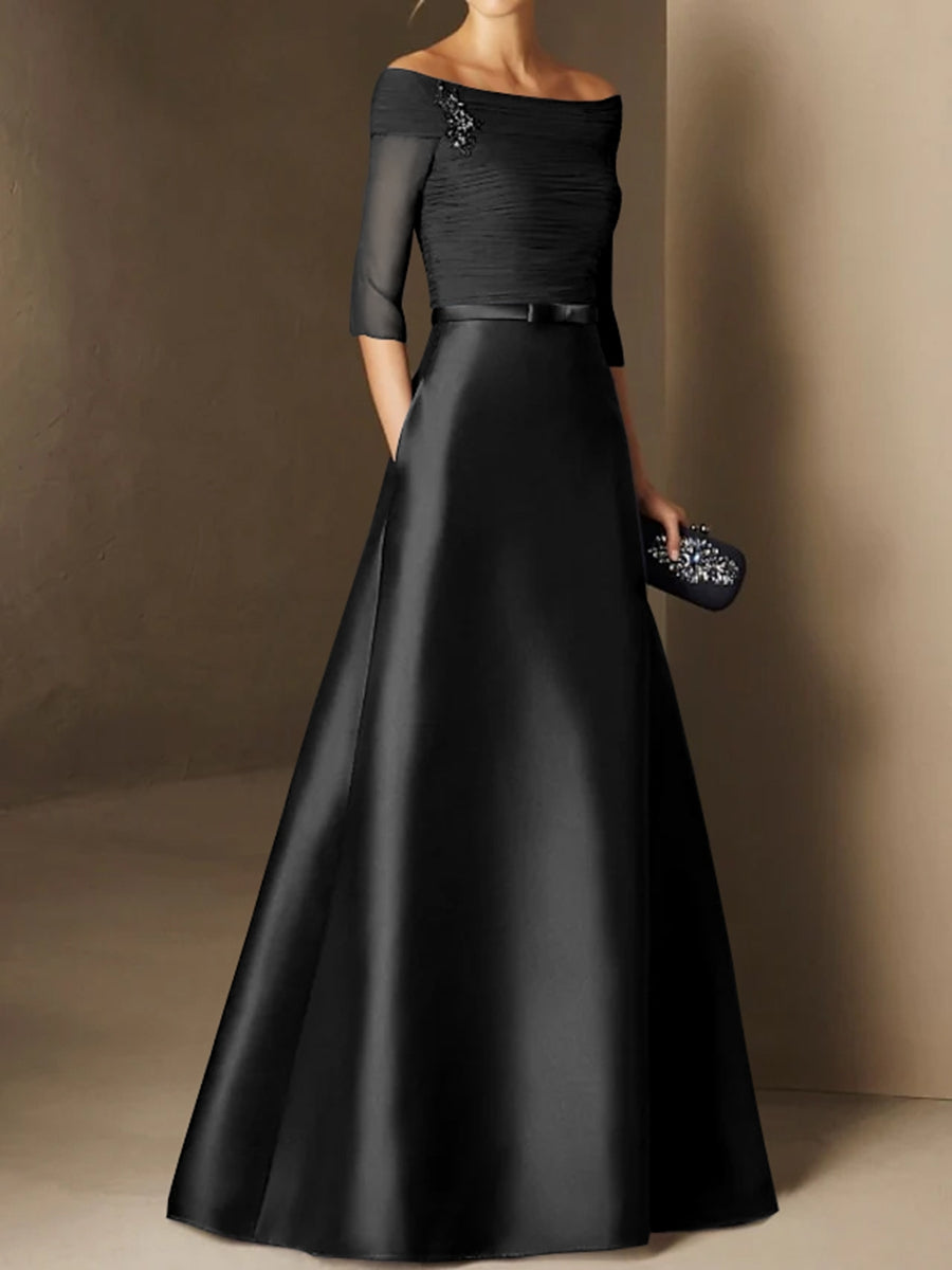 A Line Princess Off The Shoulder Short Sleeves Mother Of The Bride Dresses With Belt Applique