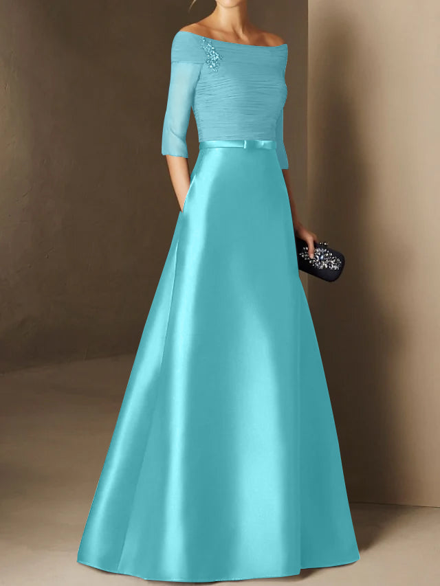 A Line Princess Off The Shoulder Short Sleeves Mother Of The Bride Dresses With Belt Applique