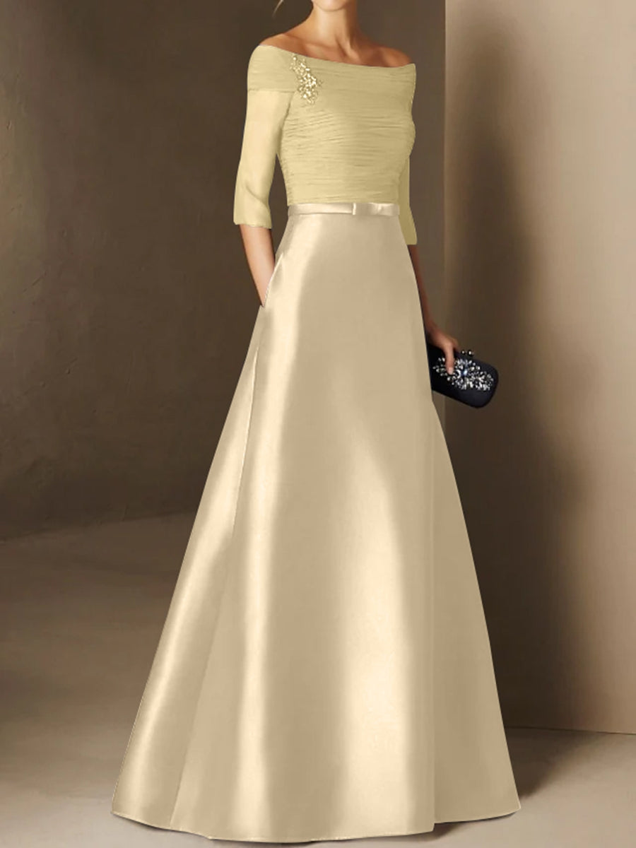 A Line Princess Off The Shoulder Short Sleeves Mother Of The Bride Dresses With Belt Applique