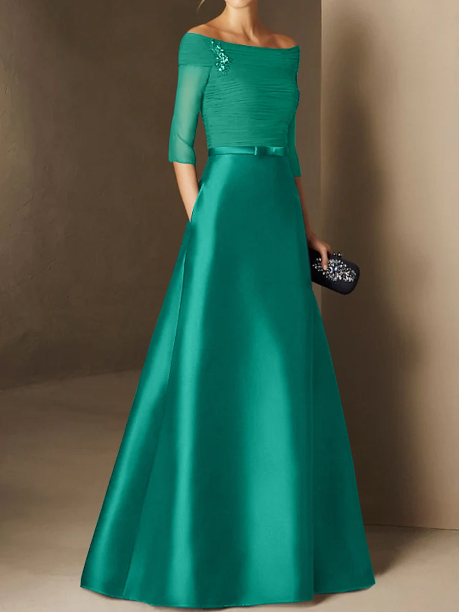 A Line Princess Off The Shoulder Short Sleeves Mother Of The Bride Dresses With Belt Applique