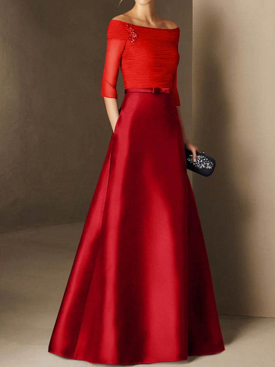 A Line Princess Off The Shoulder Short Sleeves Mother Of The Bride Dresses With Belt Applique