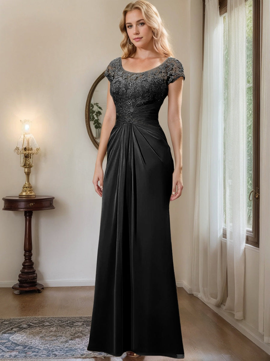 Sheath Column Scoop Floor Length Chiffon Mother Of The Bride Dresses With Lace Ruffle