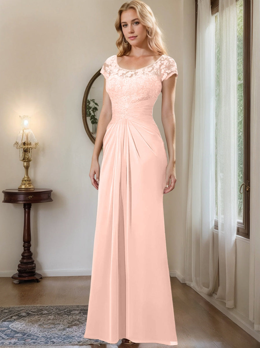 Sheath Column Scoop Floor Length Chiffon Mother Of The Bride Dresses With Lace Ruffle