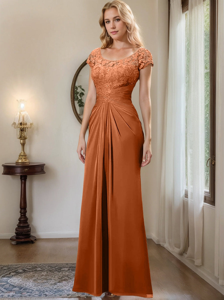Sheath Column Scoop Floor Length Chiffon Mother Of The Bride Dresses With Lace Ruffle