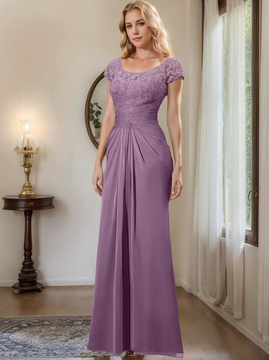 Sheath Column Scoop Floor Length Chiffon Mother Of The Bride Dresses With Lace Ruffle