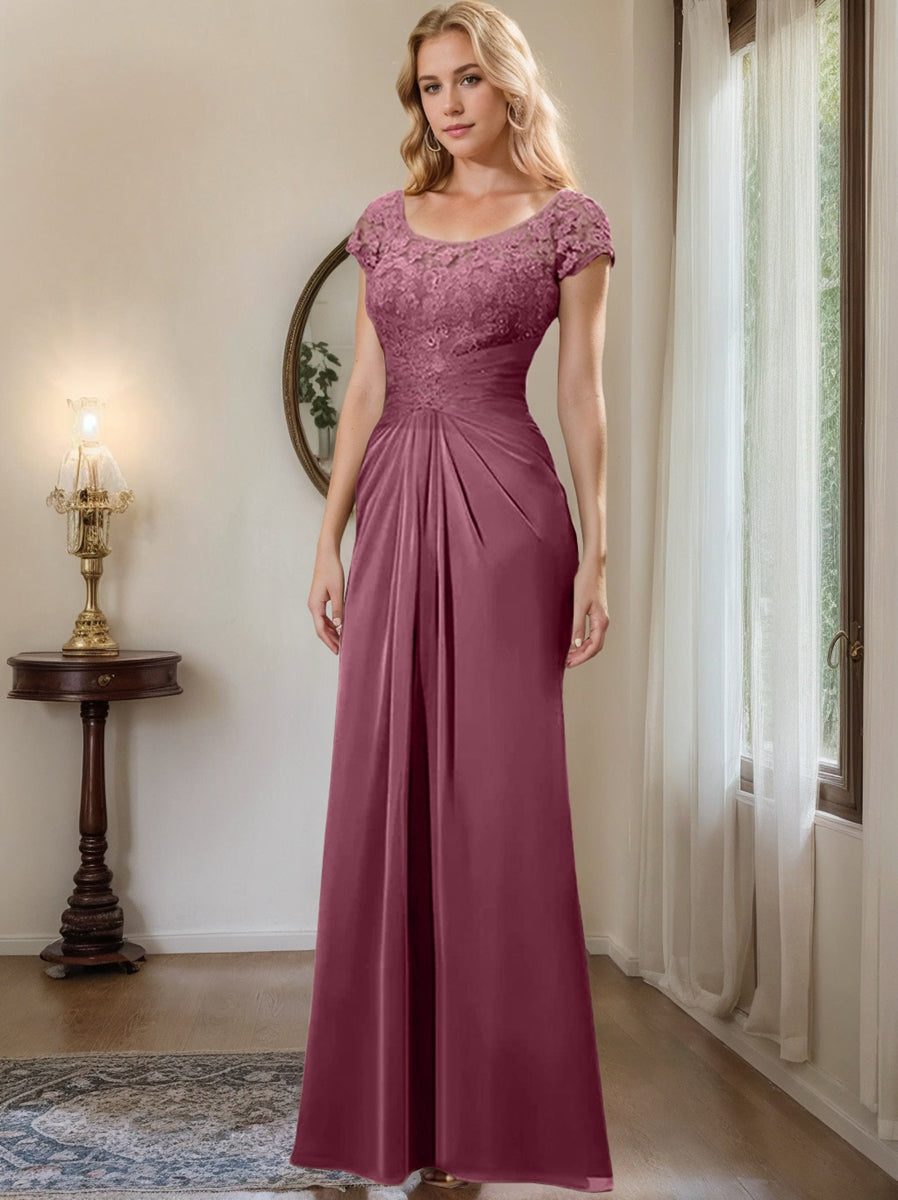 Sheath Column Scoop Floor Length Chiffon Mother Of The Bride Dresses With Lace Ruffle