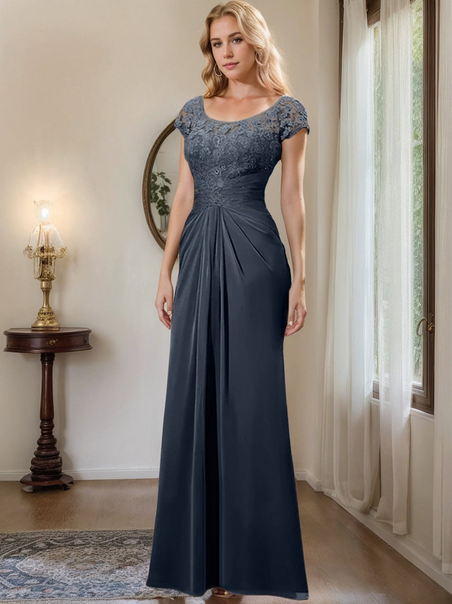 Sheath Column Scoop Floor Length Chiffon Mother Of The Bride Dresses With Lace Ruffle