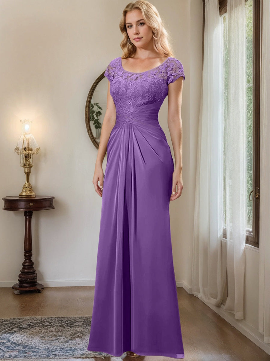 Sheath Column Scoop Floor Length Chiffon Mother Of The Bride Dresses With Lace Ruffle