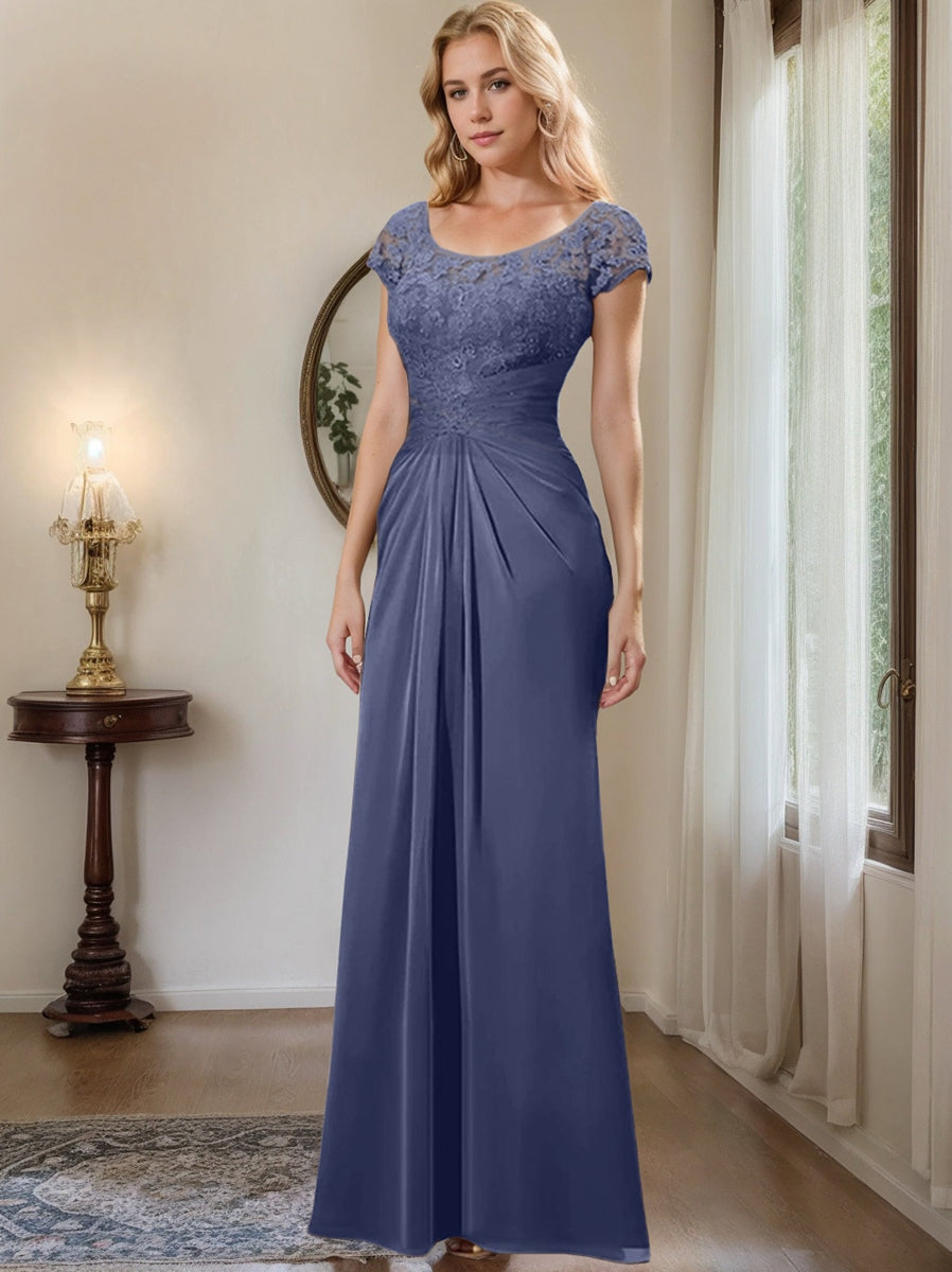 Sheath Column Scoop Floor Length Chiffon Mother Of The Bride Dresses With Lace Ruffle