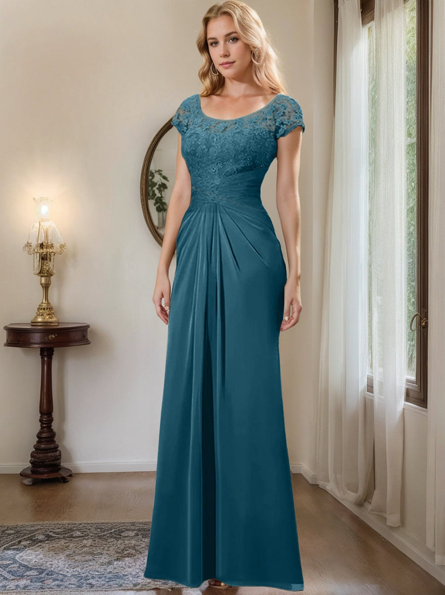 Sheath Column Scoop Floor Length Chiffon Mother Of The Bride Dresses With Lace Ruffle