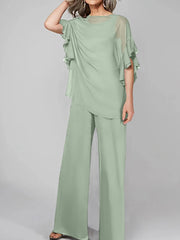 Jumpsuits Scoop Half Sleeves Chiffon Mother Of The Bride Pantsuits