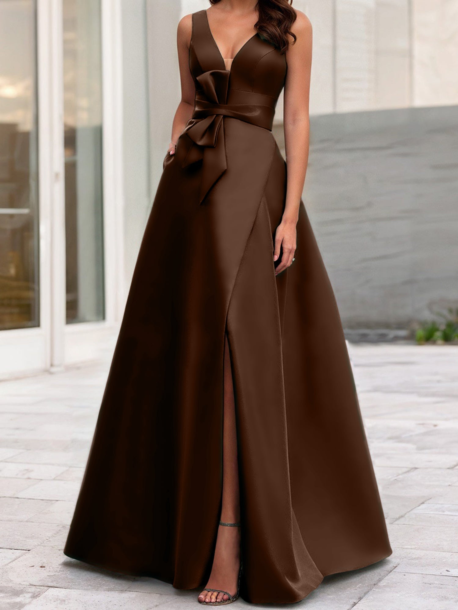 A Line Princess V Neck Sleeveless Mother Of The Bride Dresses With Split Side