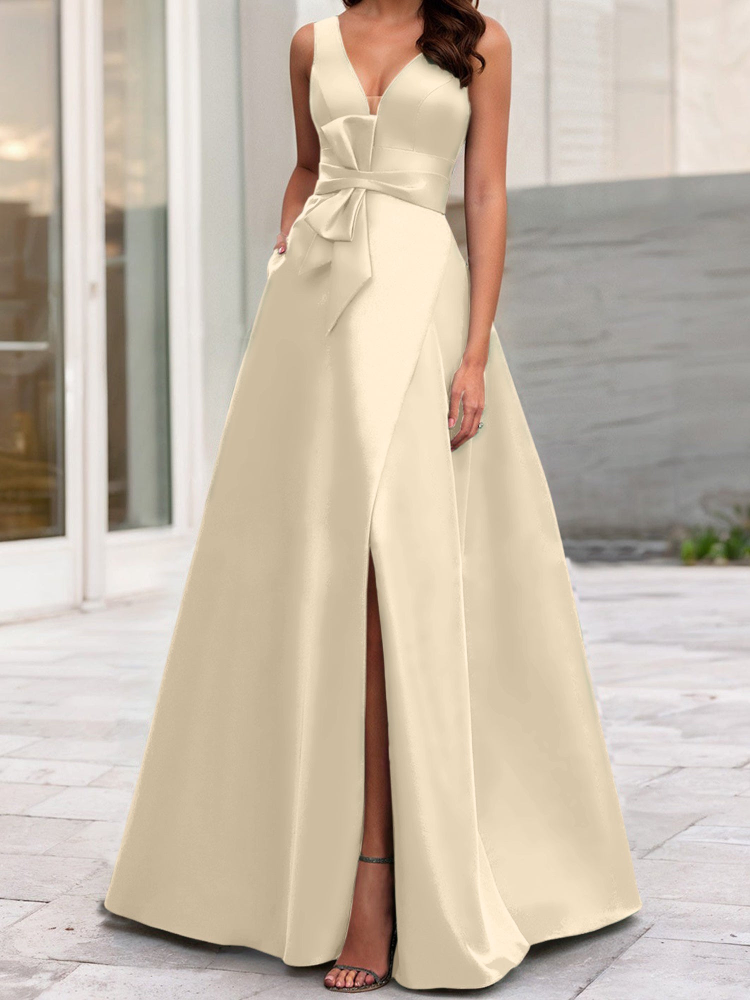 A Line Princess V Neck Sleeveless Mother Of The Bride Dresses With Split Side