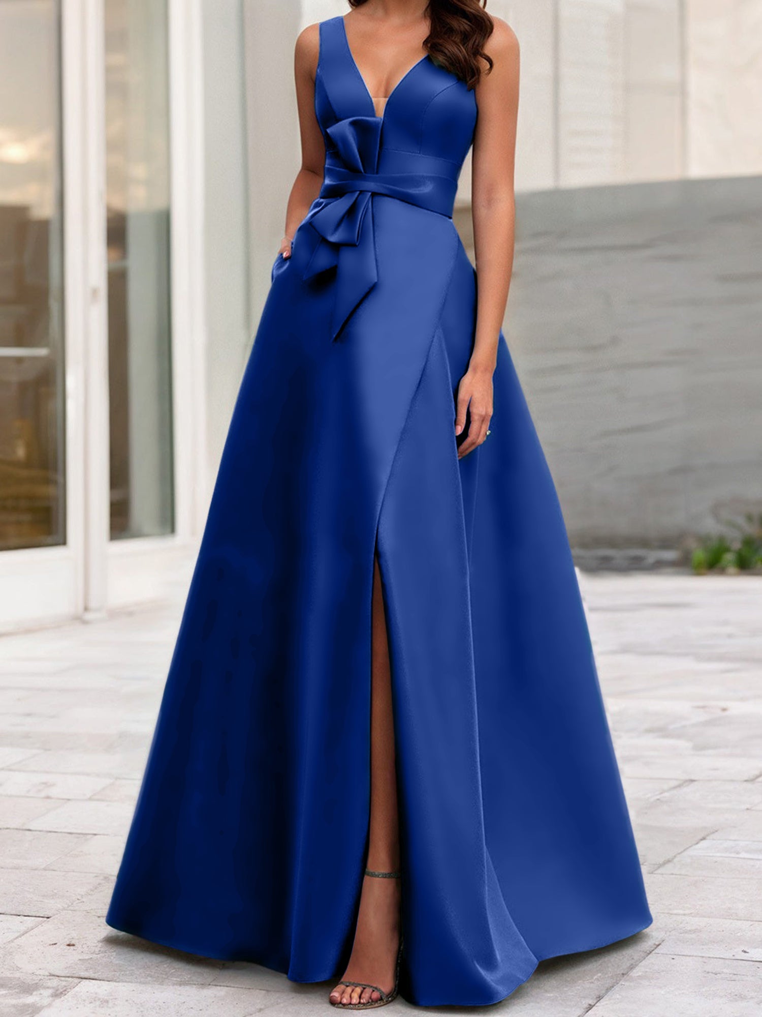 A Line Princess V Neck Sleeveless Mother Of The Bride Dresses With Split Side