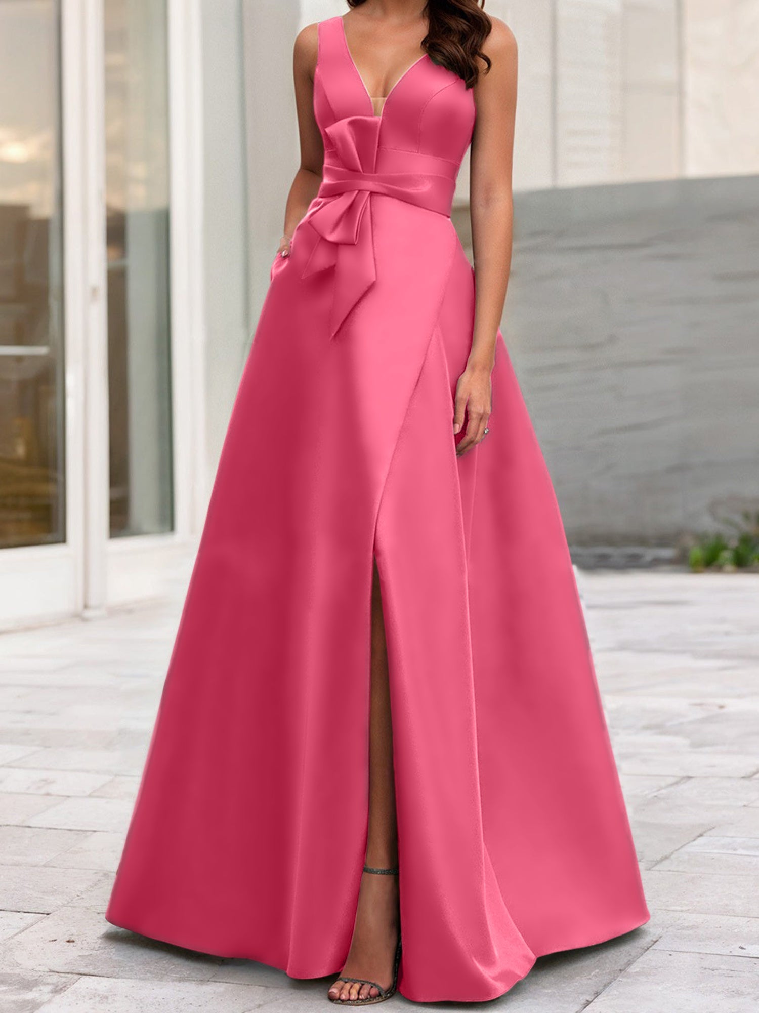 A Line Princess V Neck Sleeveless Mother Of The Bride Dresses With Split Side