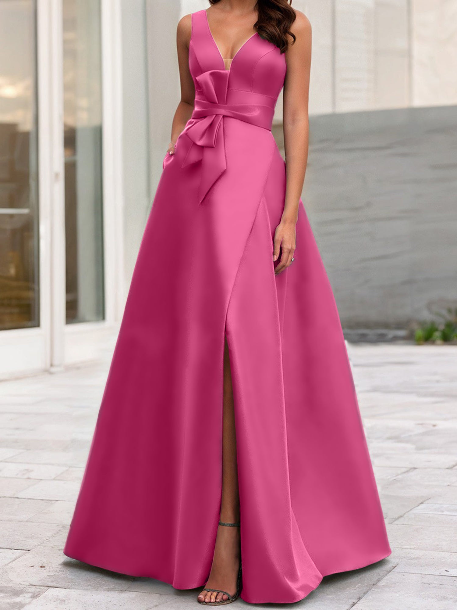 A Line Princess V Neck Sleeveless Mother Of The Bride Dresses With Split Side