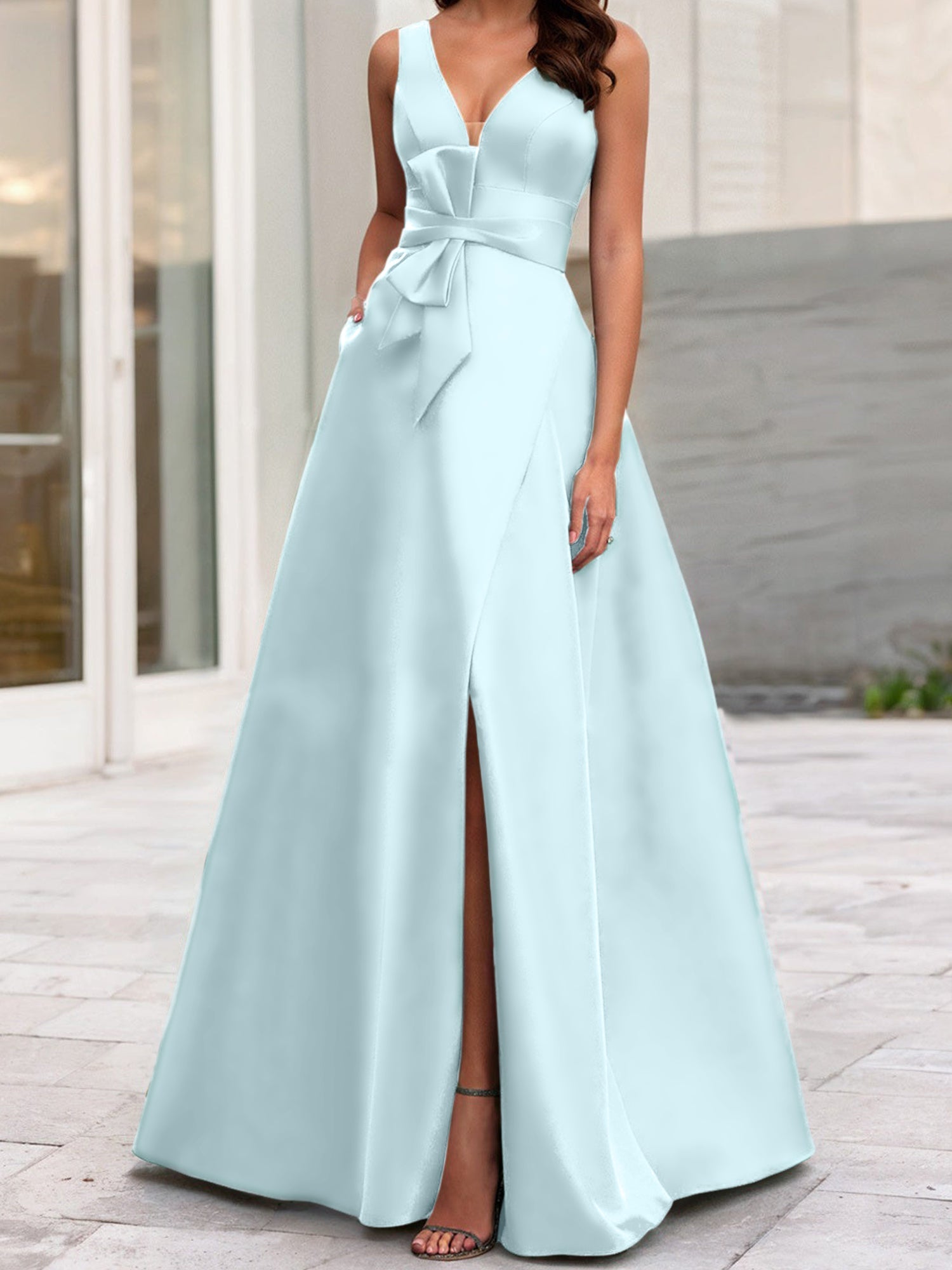 A Line Princess V Neck Sleeveless Mother Of The Bride Dresses With Split Side