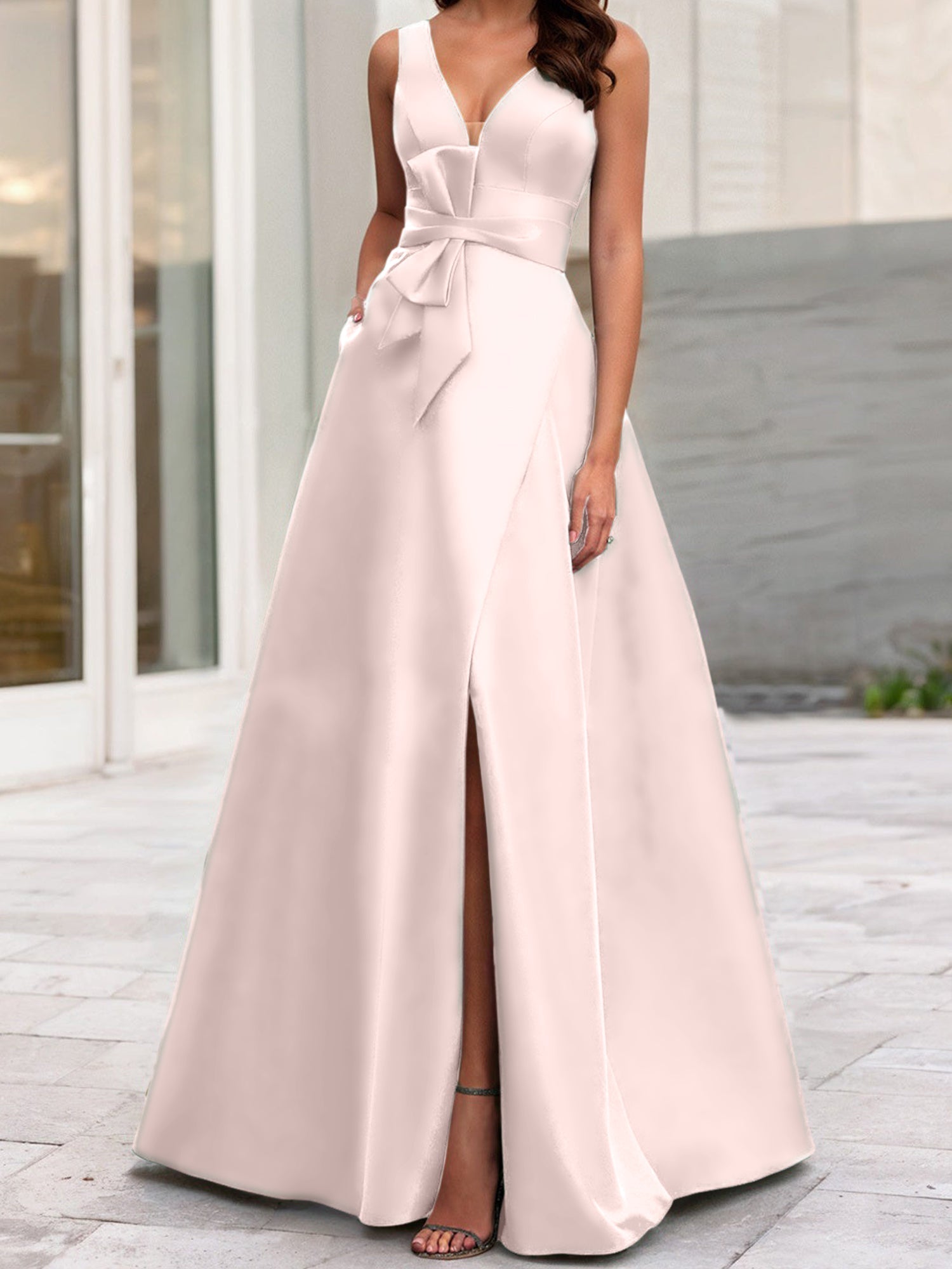 A Line Princess V Neck Sleeveless Mother Of The Bride Dresses With Split Side