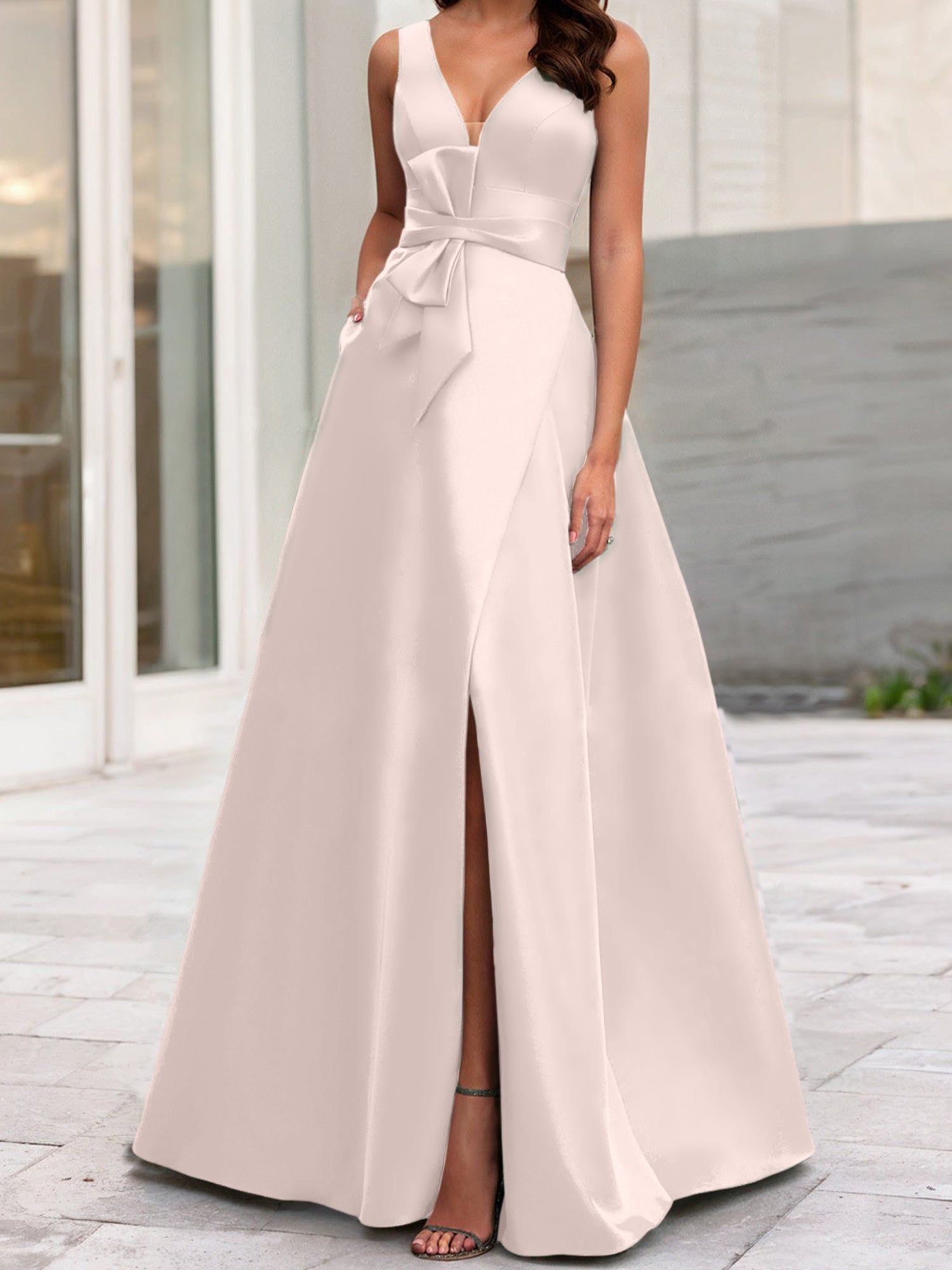A Line Princess V Neck Sleeveless Mother Of The Bride Dresses With Split Side