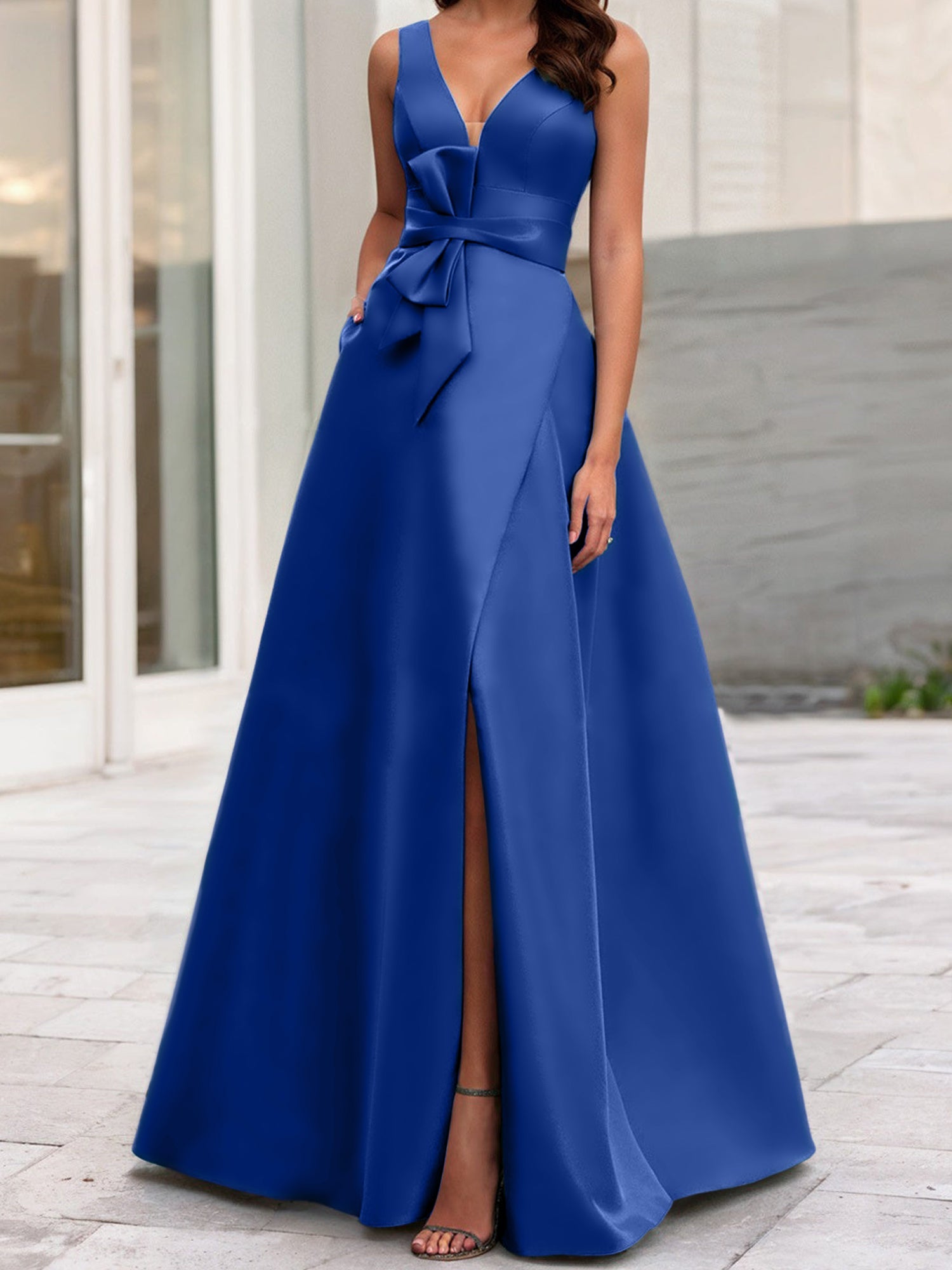 A Line Princess V Neck Sleeveless Mother Of The Bride Dresses With Split Side
