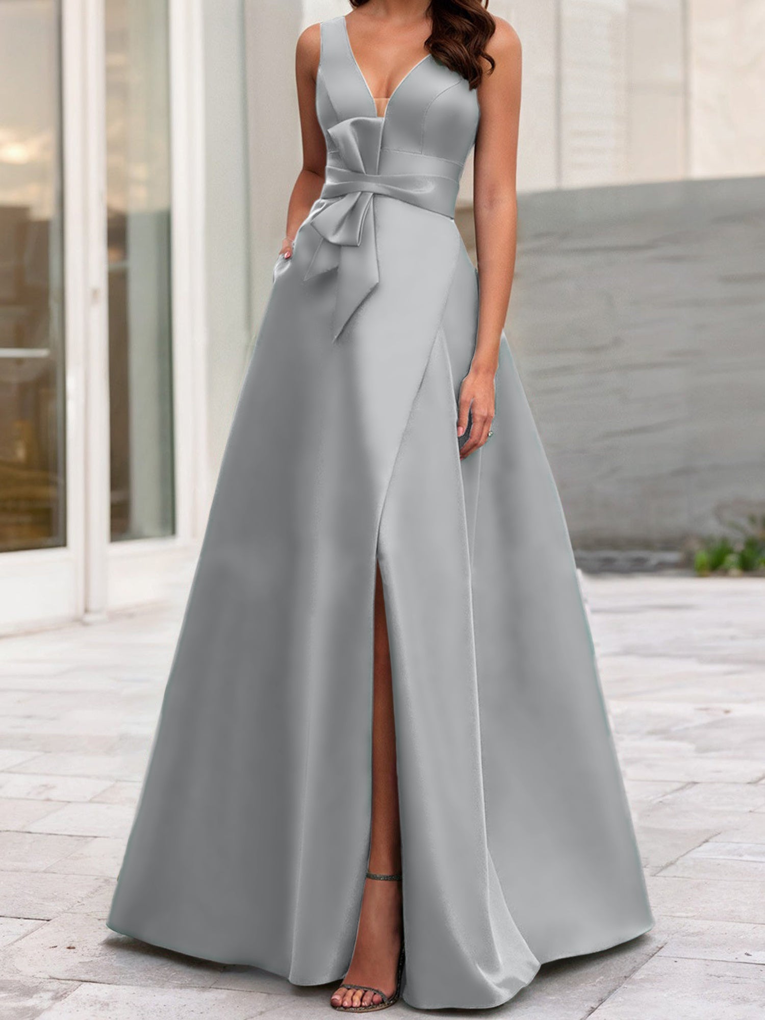A Line Princess V Neck Sleeveless Mother Of The Bride Dresses With Split Side
