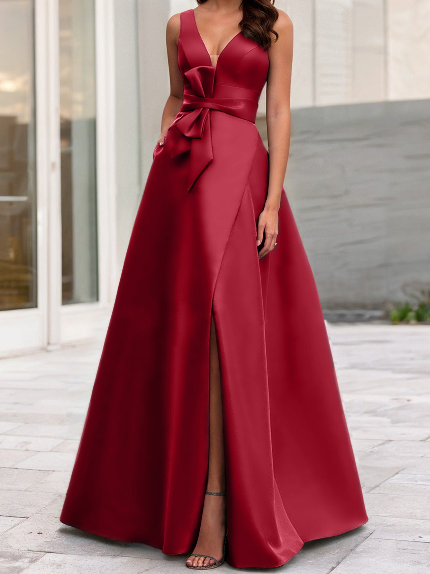 A Line Princess V Neck Sleeveless Mother Of The Bride Dresses With Split Side